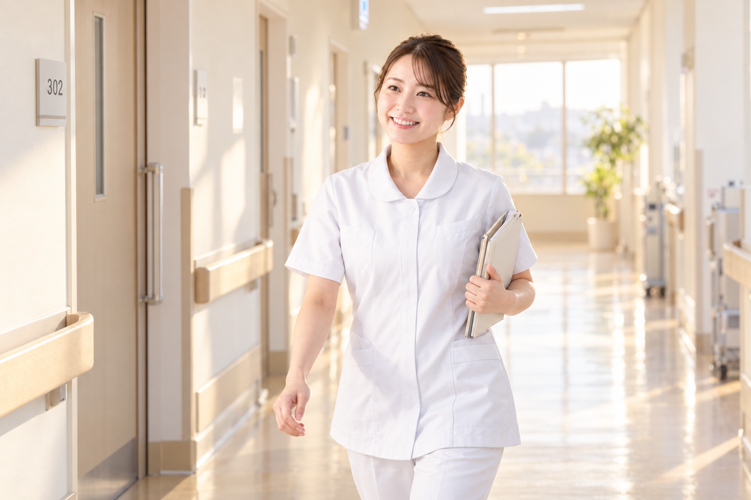 白いナース服の新人看護師が、朝の光が入る廊下を笑顔で病棟へ向かって歩いているイメージ