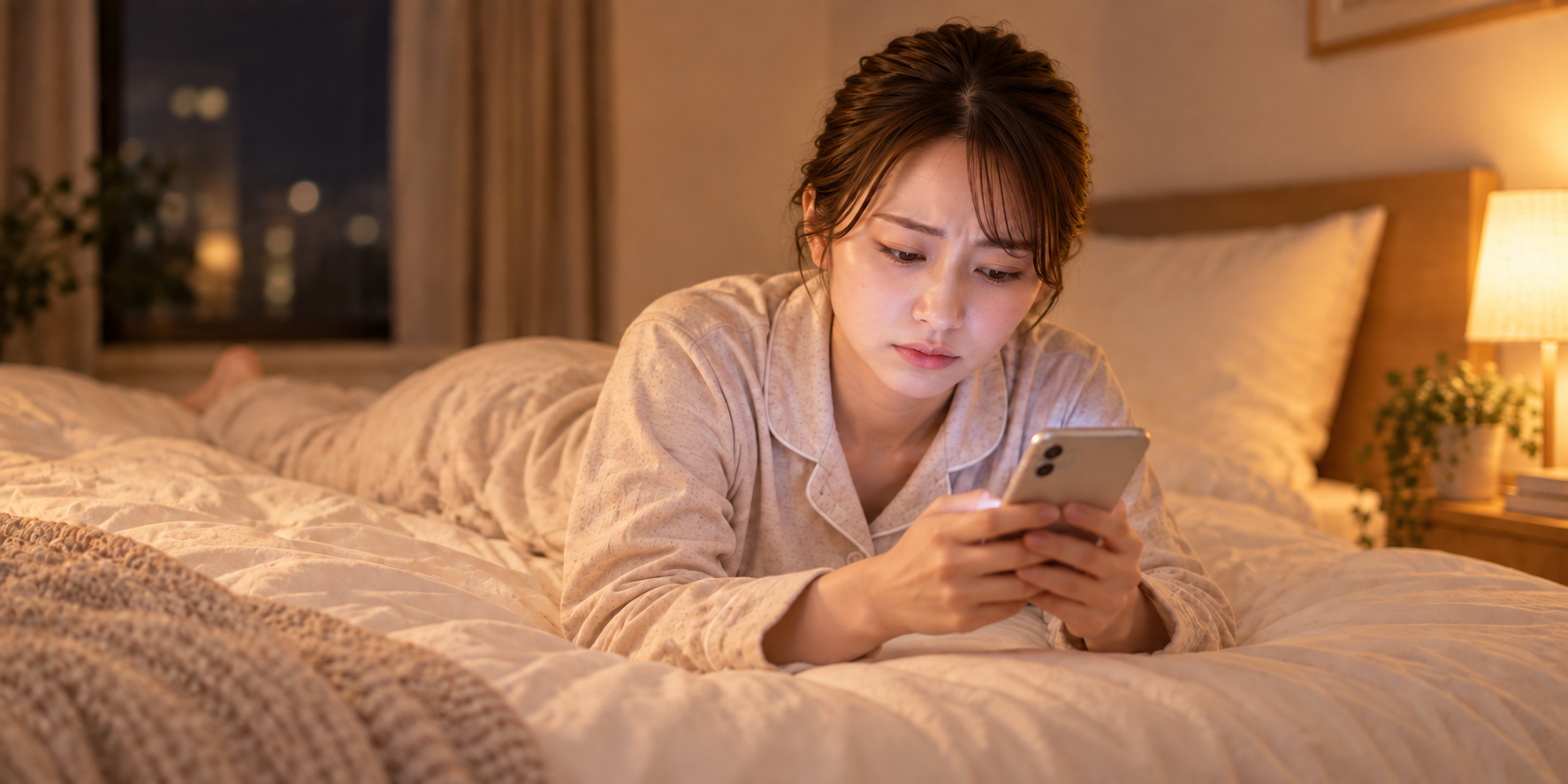 夜の自宅で、パジャマ姿の新人看護師がベッドにうつ伏せで肘をつき、不安そうにスマートフォンを見つめている